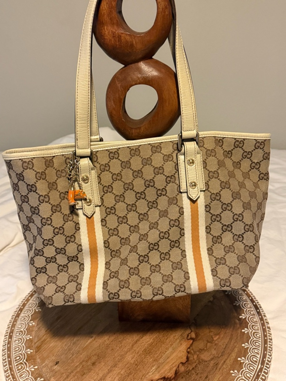 Gucci Beige Monogram Tote with Orange and Cream Stripes